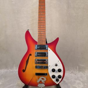 John Lennon 325 Cherry Sunburst Semi Hollow Body Electric Guitar Short Scale 527mm, 3 Toaster Pickups, Single F Hole, Lacquer Painted Fletboard, R Tailage Piece