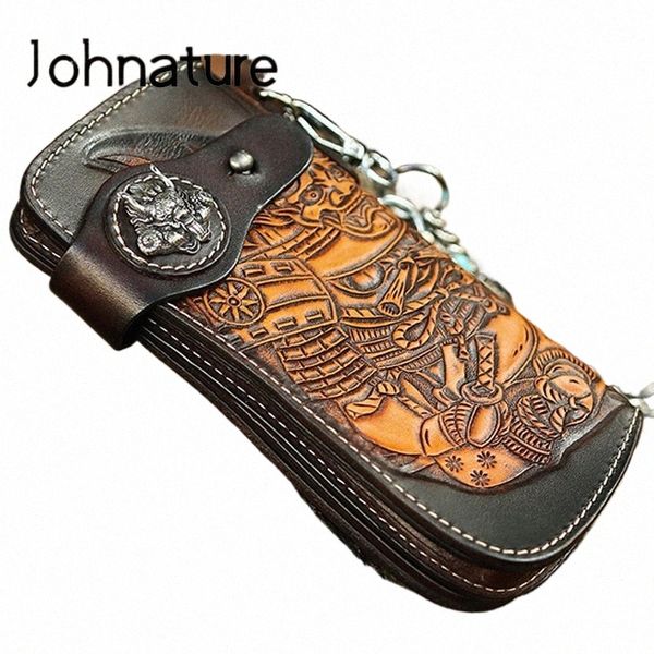 Johnature 2024 Nuevo hecho a mano retro cuero genuino talla hombres LG billetera de alta calidad de cuero de vaca carteras de embrague cadenas de mano monedero p1wS #