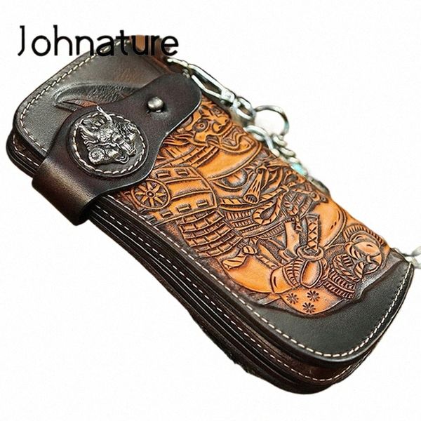 Johnature 2024 New Handmade Retro Genuine Leather Talling Men Lg Billetera de alta calidad Billeteras de embrague de vaca Cadenas de mano Purse Z97C#