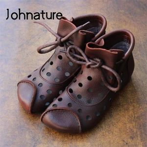 Johnature bottines pour femmes chaussures en cuir véritable nouveau bout rond couture à lacets à la main rétro loisirs femmes bottes 201102