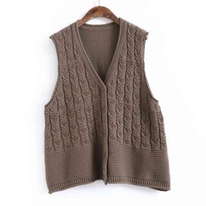 Johnature automne Style décontracté pull torsion motif mode coréenne femme haut gilets bouton col en v sans manches gilet 210521