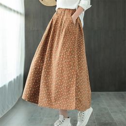 Johnature Autumn Winter Cotton Retro Print Pockets Elastische taille half rok losse vrije tijd allmatch dames mode rok 210311