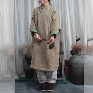 Johnature Style chinois Robes chaudes pour femmes Automne Hiver Stand Robes à manches longues Coton Lin Femme Épaissir Robe 210521