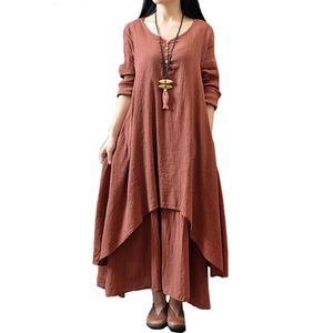 Johnature Katoen Kleur Vrouwen Maxi Jurk 2019 Lente Nieuwe Valse Tweedelige Lange Mouw Ronde hals Losse Plus Size Onregelmatige Jurk J190619