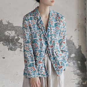 Johnature Cotton Linnen Vrije Tijd Retro Print Enkele Button Lange Mouwen Modejassen Herfst Vrouwen Losse All-match Coat 210521