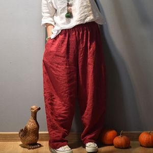Johnature pleine longueur mode rétro taille élastique coton lin pantalon large automne lâche décontracté tout-match femmes pantalons 210521