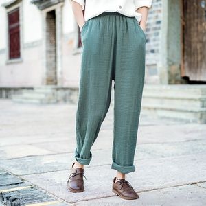 Johnature ample confortable coton lin poches tout match 4 couleurs pleine longueur pantalon automne taille élastique femmes pantalon 210521