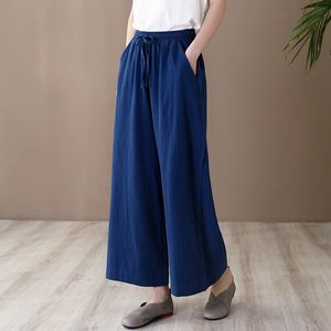 Johnature lâche confortable grande taille taille élastique pantalon à jambes larges été coton lin all-match femmes pantalon à lacets 210521