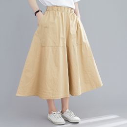 Johnature losse leisure effen kleur patchwork zakken elastische taille wide poot broek zomer Korean All-match vrouwen broek 210521