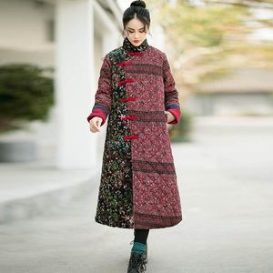 Johnature Patchwork Floral Print Plate Gesp Vrouwen Winter Katoen Jassen Katoen Linnen Lange Mouw Vrouwelijke Dikke Overjas 210521