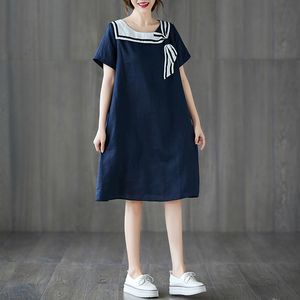 Johnature Preppy Stijl A-lijn Jurken Lente Sailor Collar O-hals Losse Patchwork Dames Navy Jurken 210521