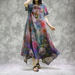 Johnature retro print O-hals korte mouw onregelmatige truien jurken zomer losse comfortabele vrouwen mode jurk 210521