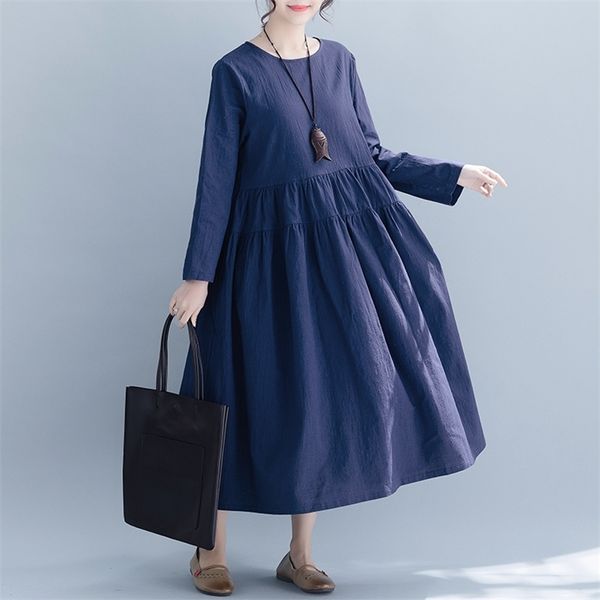 Johnature Printemps Coréen Loisirs Robe de couleur unie à manches longues O-Cou Simple Volants confortables Femmes Plus Taille Robe 210521