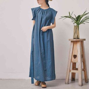 Johnature Primavera Verano Fajas Vestido Lino Vintage Mujeres Suelto Color sólido Sin mangas Retro Azul O-cuello Volantes Vestidos 210521