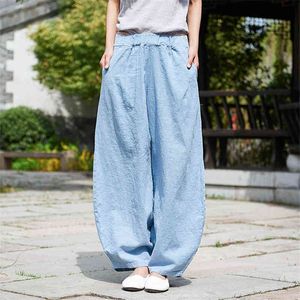 Johnature stijl casual katoen linnen broek elastische taille vrouwen broek lente effen kleur chinese stijl harembroek 210521