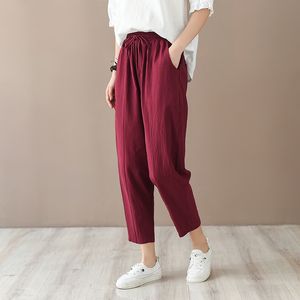 Johnature zomer katoen linnen vrouwen effen kleur elastische taille all-match enkellange broek Simple recreatie mode broek 210521