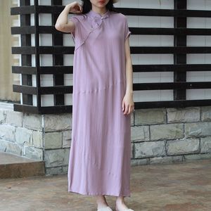 Johnature zomer retro standplaat gesp katoen linnen cheongsam jurk losse comfortabele 2 kleuren vrouwen mode jurken 210521