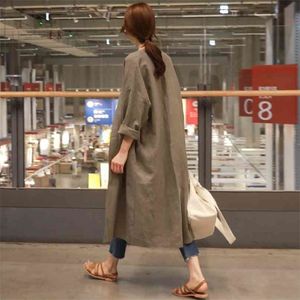 Johnature Summer Solid Color Lin Long Sunscreen Cardigan Trench Casual All Match Loose Full Sleeve Femmes Manteaux 210820
