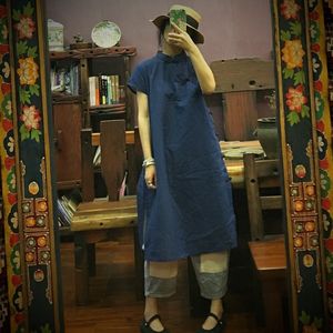 Johnature Vintage A-line vestido de verano de Color sólido de manga corta con botones y cuello alto ropa de lino y algodón vestido de mujer 210521