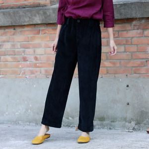 Johnature femmes noir velours côtelé pantalons décontractés taille haute printemps poches doux épais femmes pantalon chaud pantalon droit 210521