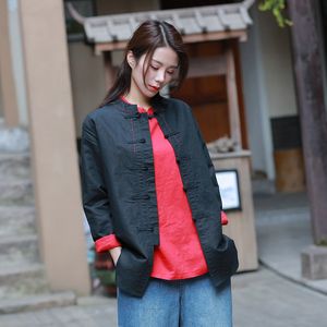 Johnature, camisas negras para mujer, blusas de estilo chino de manga larga con soporte, botón bordado de primavera, Tops de 3 colores, camisas para mujer 210521
