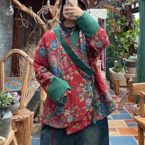Johnature femmes Style chinois ceinture Parkas coton lin imprimé Floral manteaux col en v à manches longues printemps lâche rouge Parkas 210521