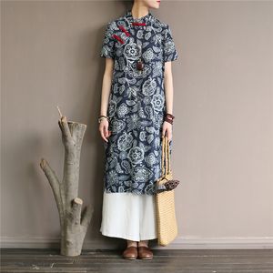 Johnature vrouwen Chinese stijl jurk stand korte mouw knop blauw en wit vintage cheongsam zomer hoge kwaliteit jurk 210521