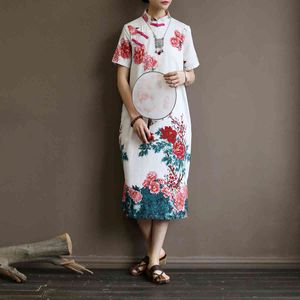 Johnature femmes Style chinois robe Stand à manches courtes Cheongsam été imprimé Floral coton lin femmes robe Vintage 210521