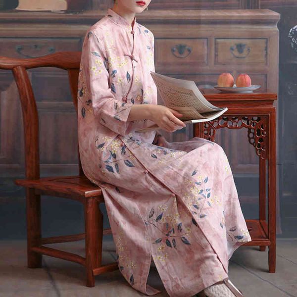 Johnature femmes Style chinois robes imprimer Floral Stand sept manches printemps haute qualité femme a-ligne Vintage robe 210521