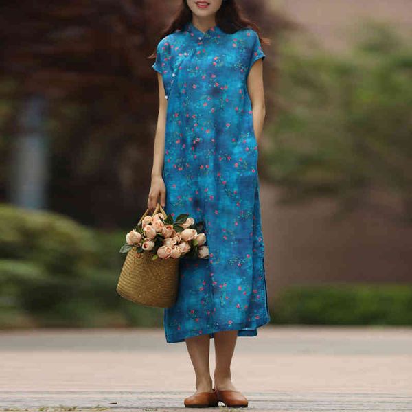 Johnature Abiti da donna in stile cinese Ramie Button Manica corta A-Line Cheongsam Summer Print Floral Quality Blue Dress 210521