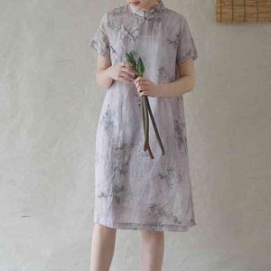 Johnature Vrouwen Chinese stijl Jurken Stand Korte Mouw Ramie Print Floral Originele Cheongsam Summer Button Jurk 210521