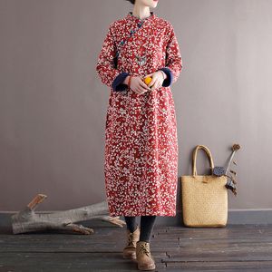 Johnature vrouwen Chinese stijl jurken stand lange mouw gewaden katoen herfst winter dikke vrouwelijke print floral jurken 210521