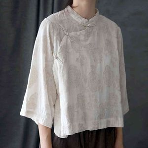 Johnature vrouwen Chinese stijl jacquard shirts stand zeven mouw blouses lente knop losse vintage tops vrouwelijke shirts 210521