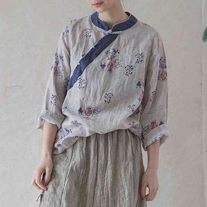 Johnature vrouwen Chinese stijl lange mouwen shirts stand print floral blouses lente knop linnen tops vintage vrouwelijke shirts 210521