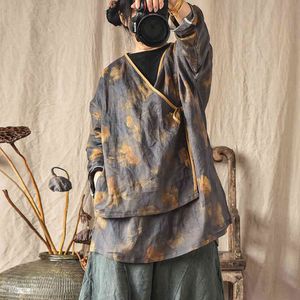 Johnature Femmes Style Chinois Chemises et Tops Ceinture Ramie Imprimer Floral Col V Manches Longues Printemps Vintage Chemises Lâches 210521