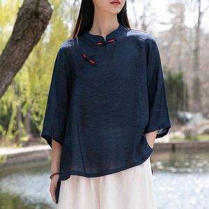 Johnature vrouwen Chinese stijl shirts en tops staan ​​met lange mouwen knop zomer effen kleur blouses losse shirts 210521