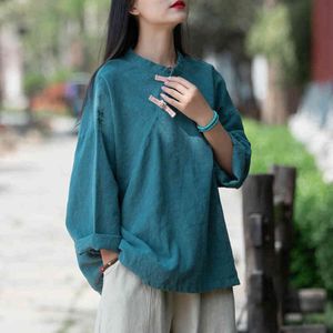 Johnature vrouwen Chinese stijl shirts en tops staan ​​met lange mouwen plus size blouses lente zomer katoen linnen shirts 210521
