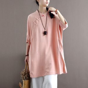 Johnature vrouwen Chinese stijl shirts en tops stand bat mouw blouses zomer knop effen kleur vrouwelijke kleding losse shirt 210521