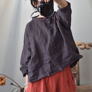 Johnature femmes Style chinois chemises lin Stand neuf manches bouton automne Blouses lâche couleur unie femme Vintage chemise 210521