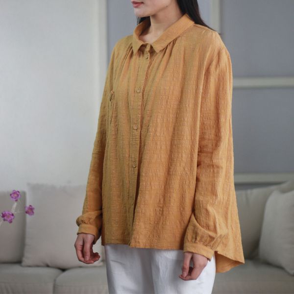 Johnature Women Cotton Jacquard Shirts Sólido Color Blusas Alta Calidad Tallas de Alta Tamaño Tela Paños Spring Vintage Top Shirt 210521