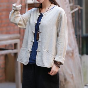 Johnature femmes coton lin chemises Vintage Blouses printemps haute qualité bouton poches lâche femmes chiffons Style chinois 210521