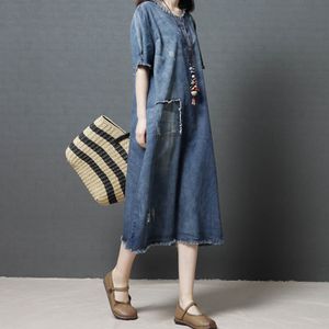 Johnature mujeres vestido de mezclilla estilo coreano azul vintage verano o-cuello patchwork mujeres paños vestido casual suelto 210521