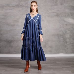 Johnature Femmes Denim Vintage Robes V-Cou Papillon Manches Patchwork Automne Bleu Casual A-Line Robes féminines 210521