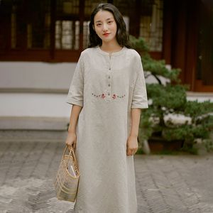 Johnature femmes broderie chemise à fleurs robes lin été Robes demi manches robe Vintage lâche Style chinois robe 210521