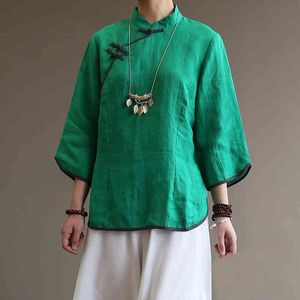 Johnature Vrouwen Groene Shirts Chinese Stijl Blouses Button Ramie Zomer Hoge Kwaliteit Vintage Women Shirts en Tops 210521