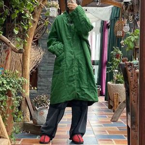 Johnature, Parkas verdes Vintage para mujer, abrigos de lino y algodón de manga larga con soporte, cinturón de primavera, ropa femenina suelta, abrigos largos 210521