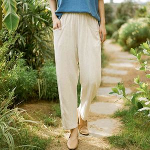 Johnature Vrouwen Harem Broek Katoen Linnen Casual Broek Effen Kleur Zakken Zomer Zachte Vrouwelijke Kleding Vintage Broek 210521