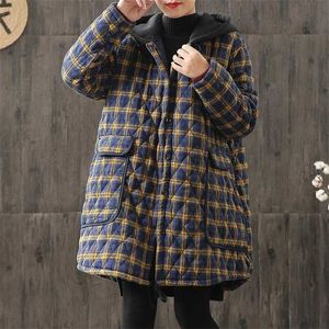 Johnature Femmes À Capuchon Plaid Parkas Vintage Bouton Manteaux Lâche Automne Hiver Poches Femme Casual Chaud 211013