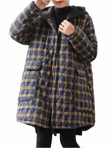 Johnnature Vrouwen Hooded Plaid Parka Vintage Butt Jassen Losse 2024 Herfst Winter Nieuwe Zakken Vrouwelijke Casual Warme Parka Jassen I2ZZ #