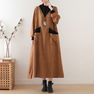 Johnature femmes Patchwork col roulé robes Vintage poches décontractées à manches longues mélange de coton automne Style coréen robe 210521